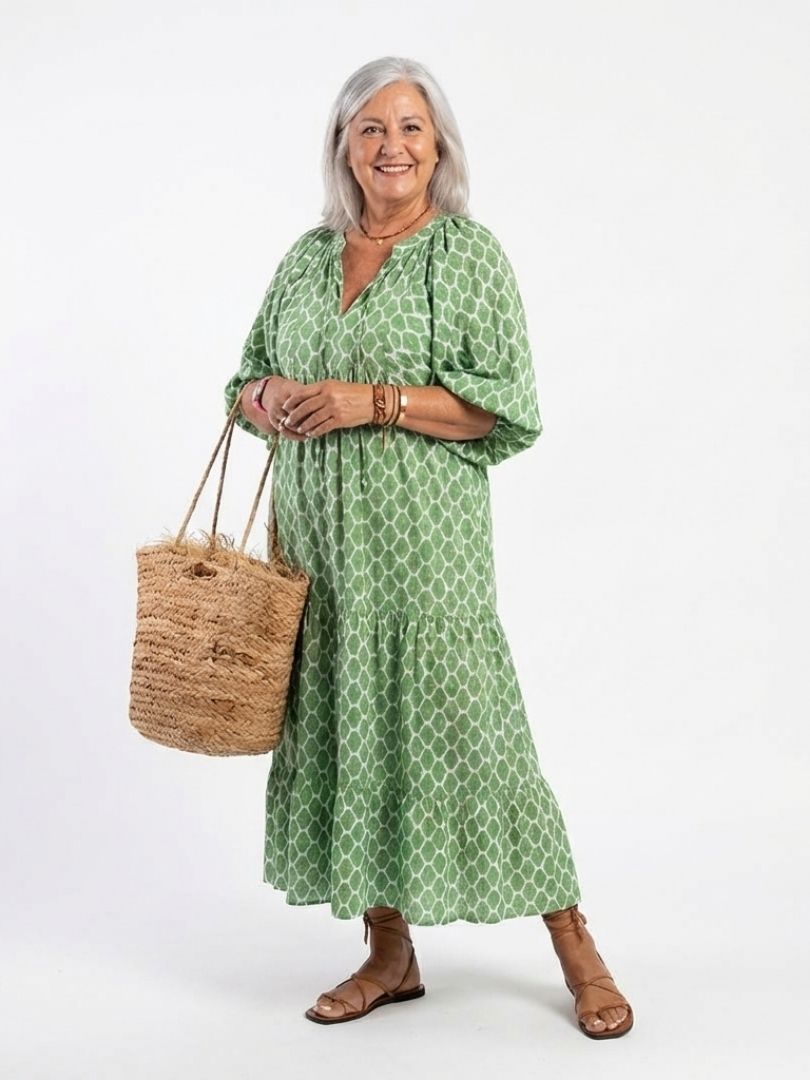 Apolline | Midi-jurk met driekwart mouwen, V-hals en patroon