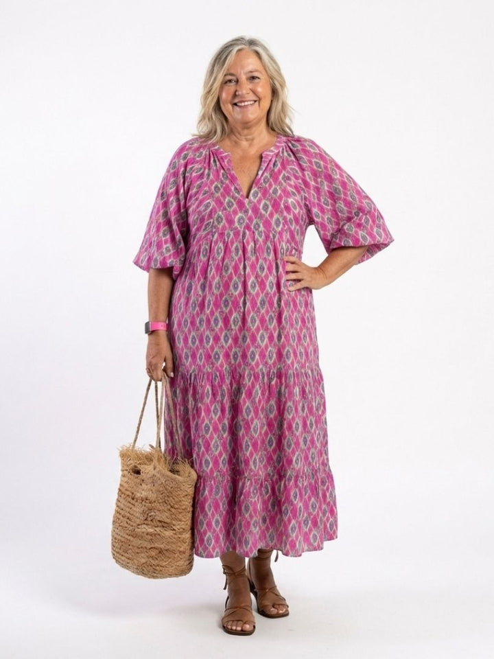 Apolline | Midi-jurk met driekwart mouwen, V-hals en patroon