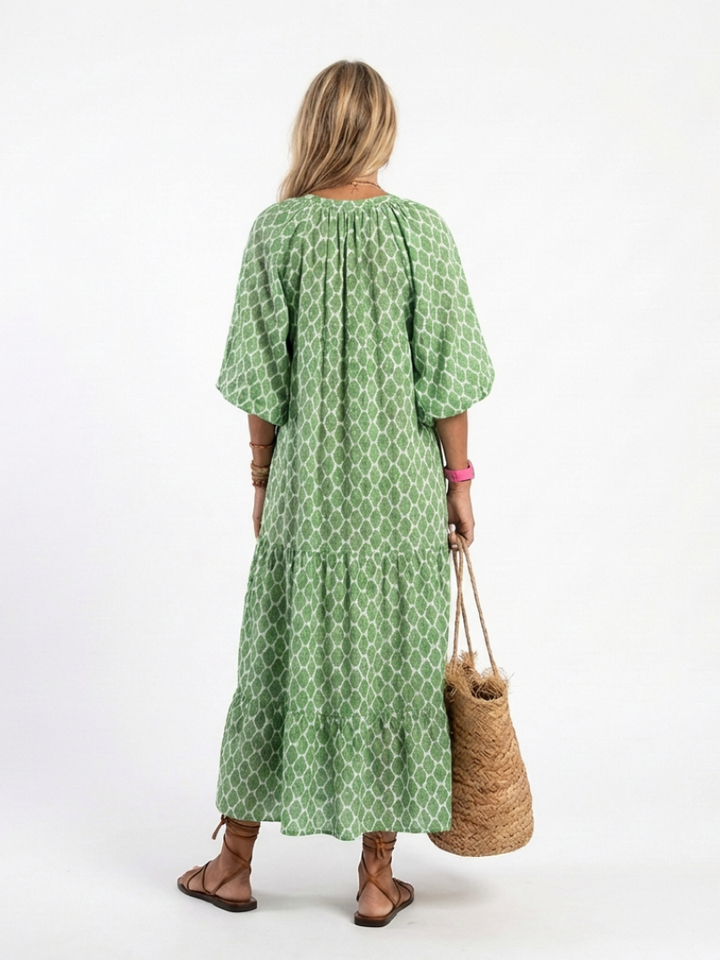 Apolline | Midi-jurk met driekwart mouwen, V-hals en patroon