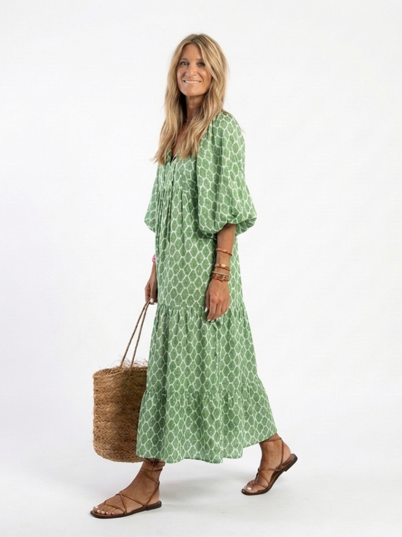 Apolline | Midi-jurk met driekwart mouwen, V-hals en patroon