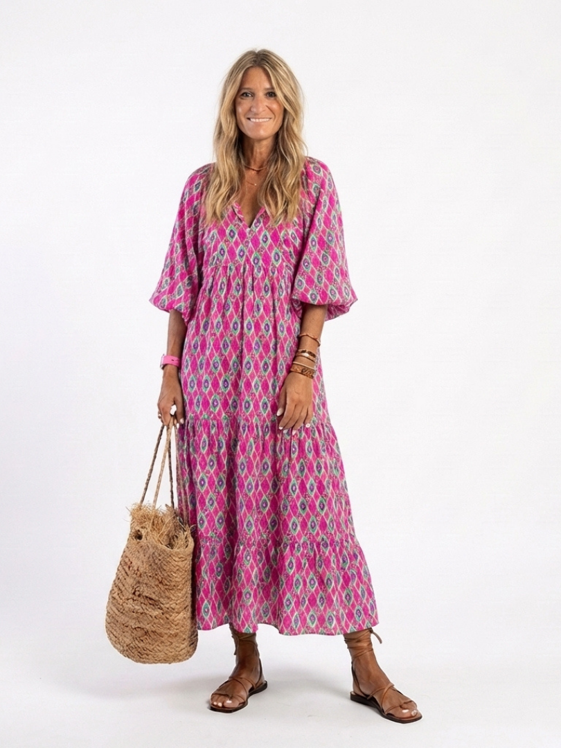 Apolline | Midi-jurk met driekwart mouwen, V-hals en patroon