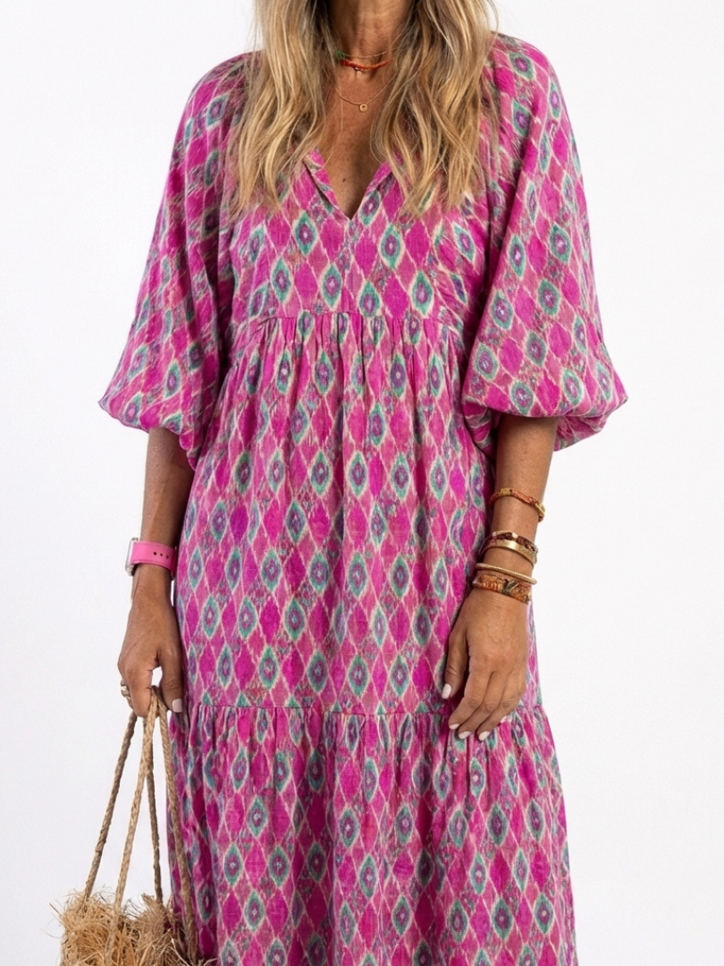 Apolline | Midi-jurk met driekwart mouwen, V-hals en patroon