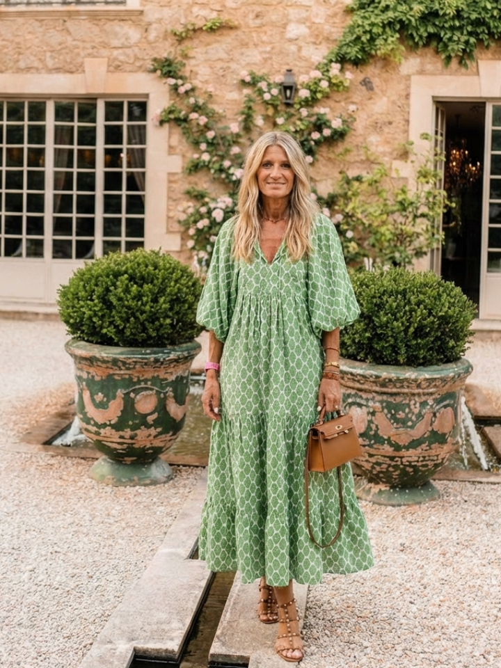 Apolline | Midi-jurk met driekwart mouwen, V-hals en patroon