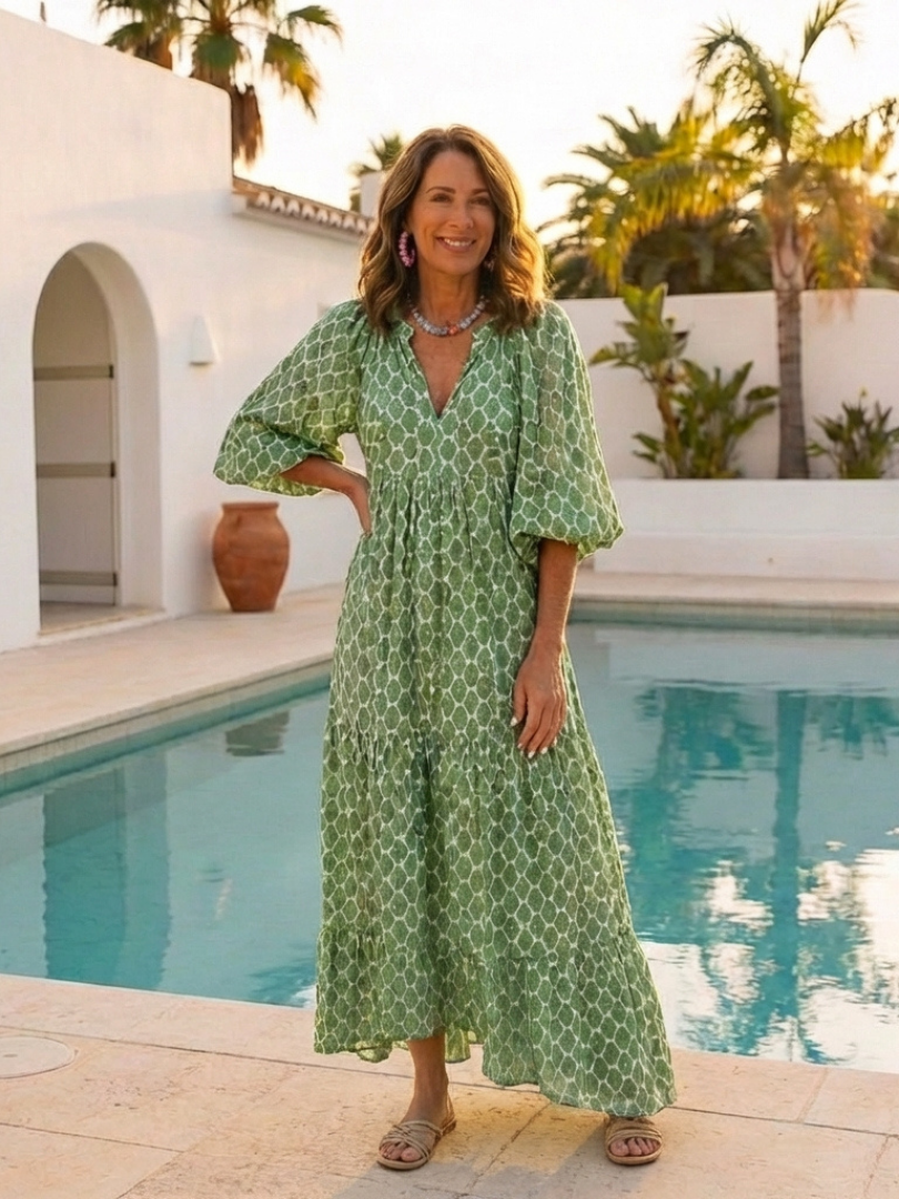 Apolline | Midi-jurk met driekwart mouwen, V-hals en patroon