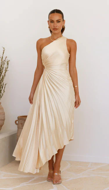 Linda-Modehuis™- Een-Schouder Plissé Midi-Jurk