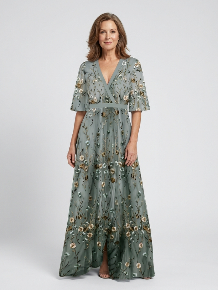 Evadne | Maxi-jurk met bloemenprint, V-hals en korte mouwen