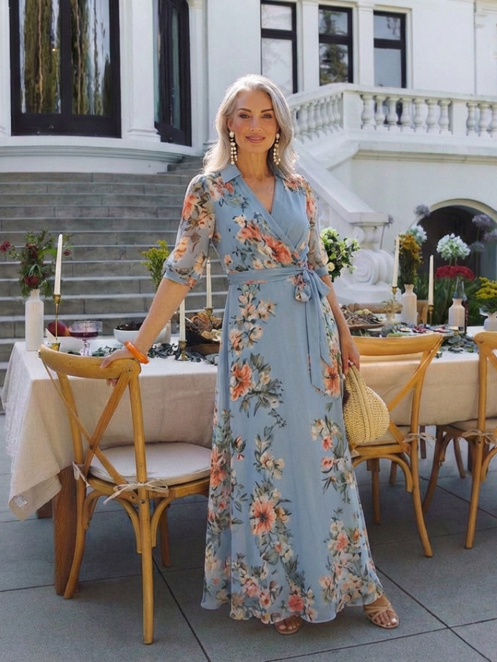 Elowen | Maxi-jurk met bloemenprint, wikkelstijl en V-hals